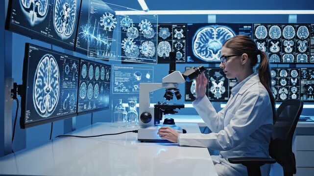 Scientist working with microscope and brain scans in modern laboratory for medical research and innovation advancements