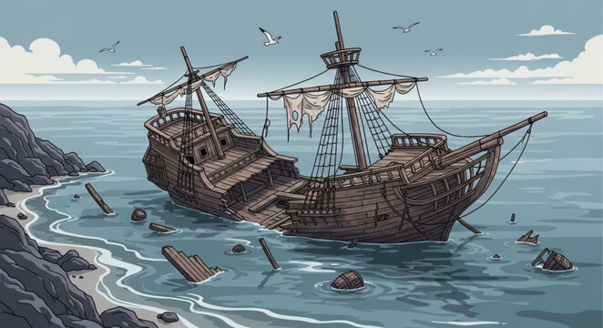 Pixel Art Shipwreck - A Detailed Depiction of a Sunken Vessel.