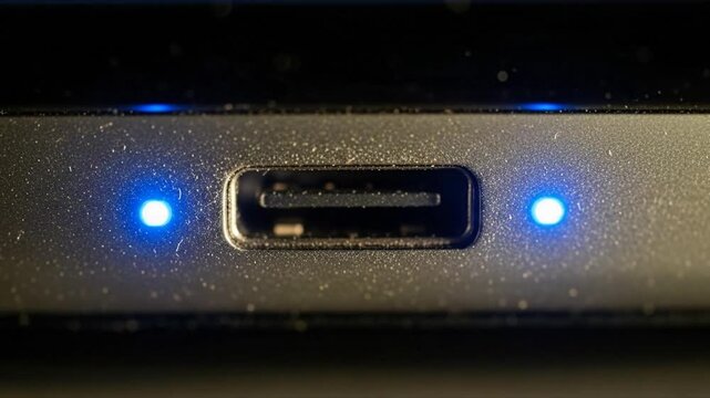 Close-up View of USB Ports with Blue Indicator Lights, Tech and Data Connections Concept