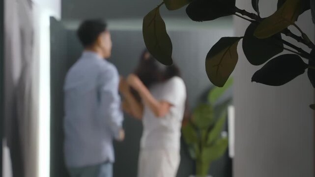 Unhappy young man woman couples battle arguing, slapping woman victim domestic violence abused, husband hitting wife on face, relationship problems, depressive state, violently shaking, panic disorder