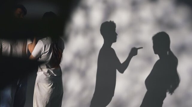 Silhouette of unhappy couples battle, having an argue, blaming, insulting. Stressful depressed young woman from domestic violence abused, depressive state, the victim of violence from her husband