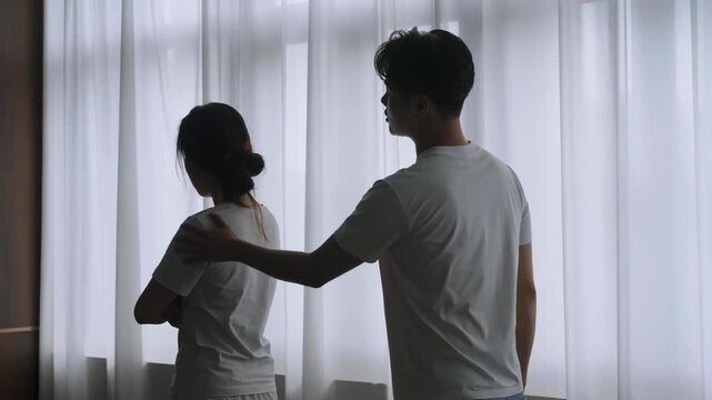 Family conflict concept, stressed couple depressed frowning face young husband have problem fighting arguing with sad wife, emotions run high as they face the end of their marriage, reflecting sadness