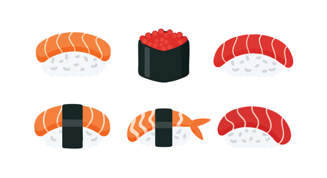 A set of six pieces of sushi, including nigiri with salmon, tuna, and shrimp, and a gunkan maki with fish eggs. All are on white background