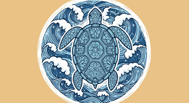 Vector sea turtle illustration with wave design isolated on White Background