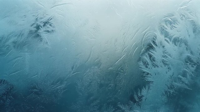 Frozen windowpane displays intricate frost patterns in shades of blue.