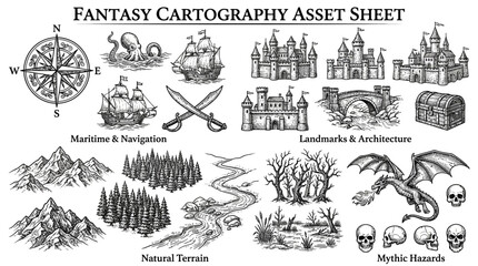 Fantasy Cartography Asset Sheet Nautical, Architectural, and Natural Elements for Map Creation © Dileesha