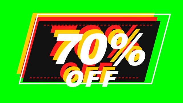 The animation displays dynamic 70% off sale tags with a vibrant retro glitch effect on a green screen for promotional content