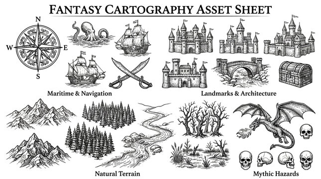 Fantasy Cartography Asset Sheet Nautical, Architectural, and Natural Elements for Map Creation