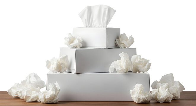 A stack of white tissue boxes with crumpled tissues on a wooden surface