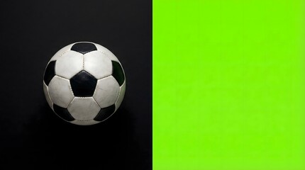 Obraz premium Small soccer ball on black and neon green split background with large copy space. High contrast football concept for sports banners and posters.