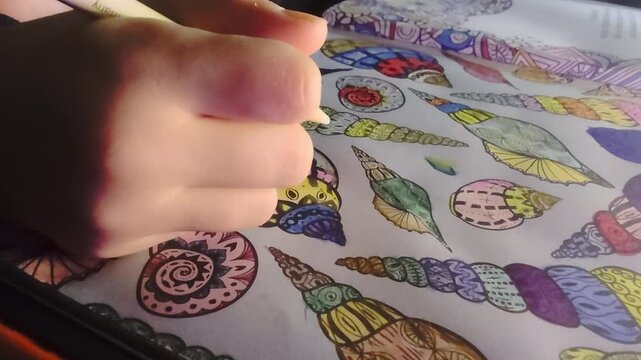 A young girl sits indoors coloring in her coloring book with focus and creativity. Cozy home environment, quiet moment of childhood imagination, learning and artistic expression.