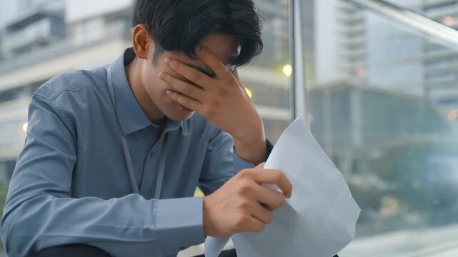 Unemployed businessman crying alone sitting on street staircase suffering stress and depression holding a white paper application document, fired from work, lay off, feeling disappointed overwhelmed