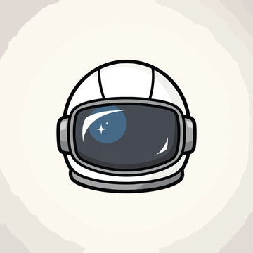 A stylized illustration of an astronaut's helmet, featuring a gray visor with a star, set against an off-white, textured background