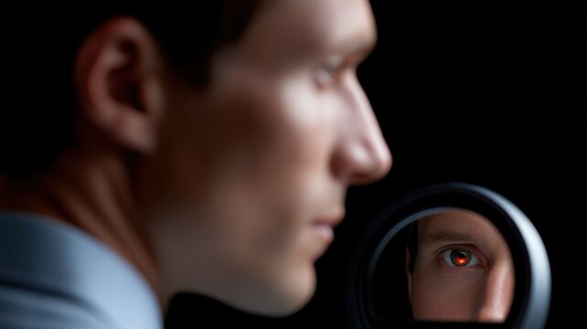 Devil pack agreement. Man looking at his reflection with a devil eye in a round mirror