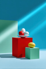 Colorful eggs on geometric podiums creating a minimalist still life composition with strong light shadows