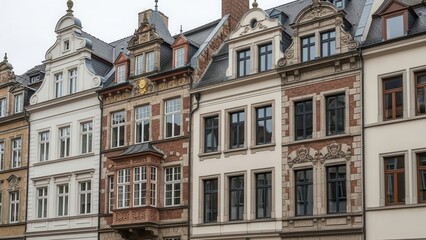 Obraz premium A row of ornate European buildings with varied facades and steep roofs under a gray sky