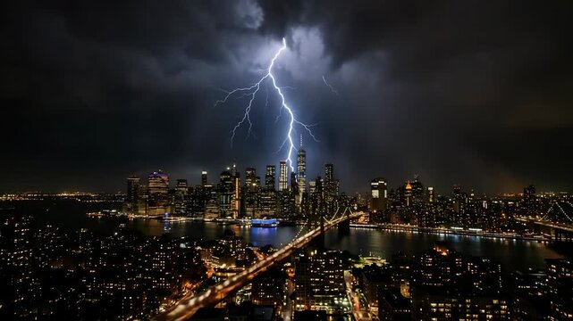 Dramatic lightning strike illuminating a dark stormy sky over a brightly lit cityscape at night