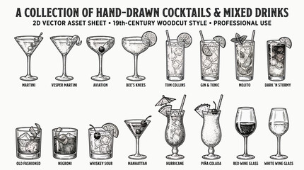 Vintage Hand-Drawn Cocktail Illustrations Collection - Classic Mixed Drink Vector Set for Professional Use © Dileesha