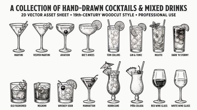Vintage Hand-Drawn Cocktail Illustrations Collection - Classic Mixed Drink Vector Set for Professional Use