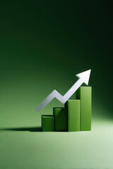 Green bar chart showing upward trend with white arrow indicating growth and increasing business success