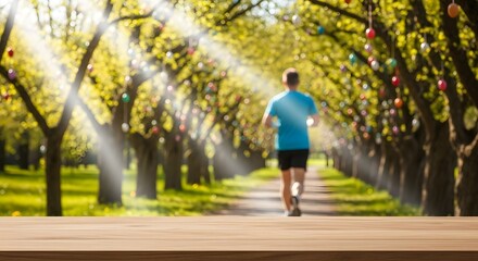 Obraz premium Empty wooden table top for product placement with blurred background of a man running on a sunny path decorated with Easter eggs