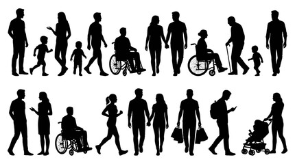 Fototapeta premium Diverse human silhouettes depicting a community's fabric, showcasing individuals, families, and various abilities in everyday life scenarios