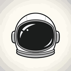 Fototapeta premium A cartoon-style illustration of an astronaut's helmet, featuring a large, dark visor with a reflective light. The helmet is white with black outlines