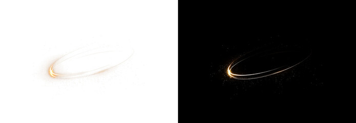 Gold glitter swirl PNG overlay on transparent and black backgrounds, glowing sparkle trail with luminous dust for luxury festive compositions © KULAKOVA