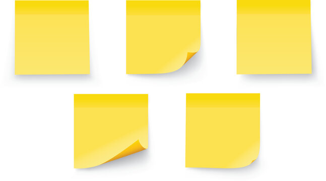 Sticky Notes Set, Yellow Adhesive Paper Notes with Curl Realistic Mockup Collection