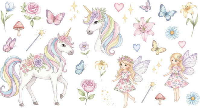 Whimsical illustration of unicorns fairies butterflies flowers and hearts in pastel colors on white background