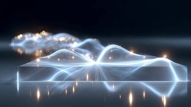 Abstract glowing light waves on reflective surface