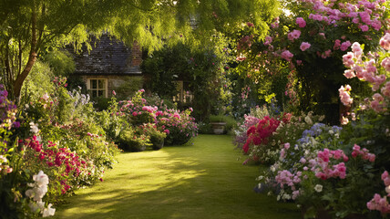 Fototapeta premium Cottage garden path winding through lush flowering roses, hydrangeas, and diverse blossoms under sunny summer light