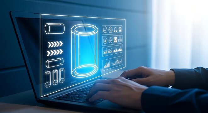 A person interacting with a futuristic holographic interface on a laptop computer screen