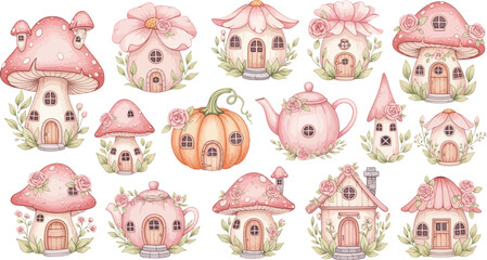 Naklejka premium Collection of whimsical pink mushroom houses in various shapes and sizes