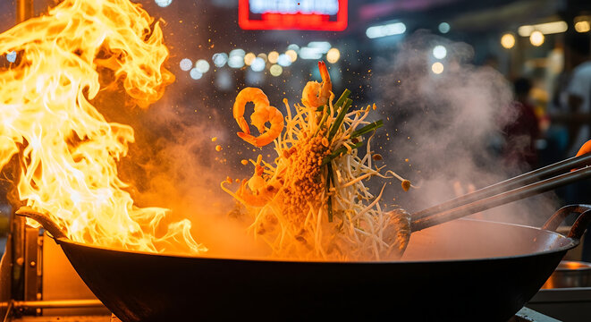 Dramatic wok hei tossing of authentic Pad Thai noodles over an open street food fire