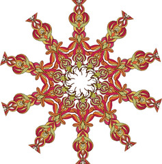 Fototapeta premium Elegant Bronze Ornate Starburst Mandala with Intricate Symmetrical Scrollwork and Calligraphic Filigree Flourish on White Background