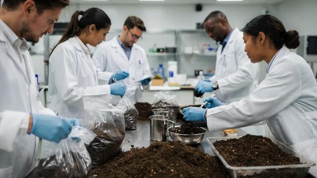 Medium shot of workers bagging compost samples at a quality control lab table examining texture and color to ensure consistent moisture levels.
