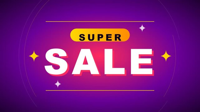 Vibrant animated retail promotion with sparkling 'Super Sale' message over a modern purple and pink gradient background. Ideal for digital marketing