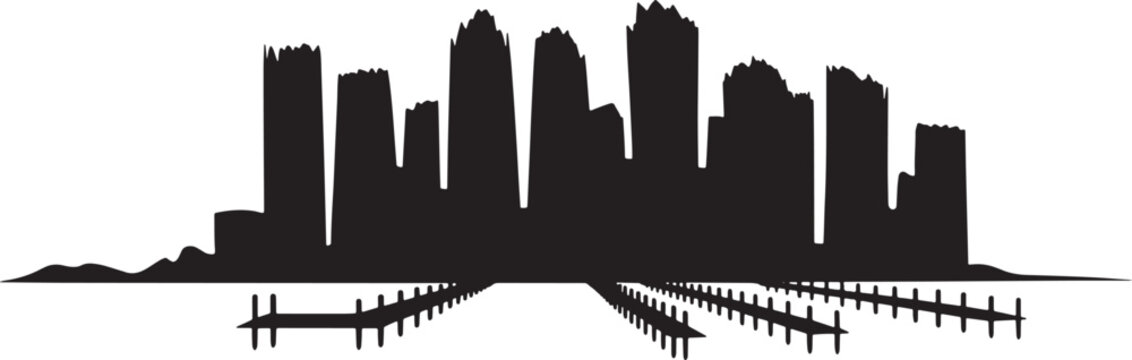 Modern city skyline with multiple boat docks and urban architecture buildings vector illustration