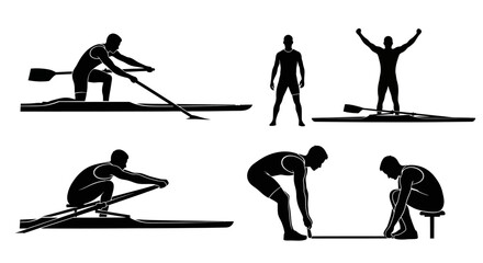 Fototapeta premium Rowing Athlete Silhouettes: Action, Victory, and Preparation Poses