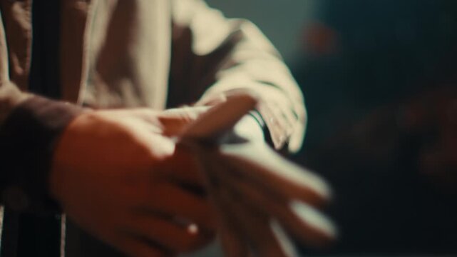 Worker pulling off protective leather gloves finishing mechanical repair in workshop placing down on work table