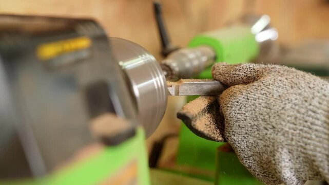 Skilled carpenters handmade craftsman builder in apron and gloves equals polishes wooden board with a polishing machine or random orbit sander, sanding wood block part tools, diy master class workshop