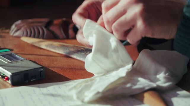 Close-up of museum curator putting on white gloves to examine wooden artefacts on table with dictaphone recorder. Suitable for museum conservation and heritage documentation.