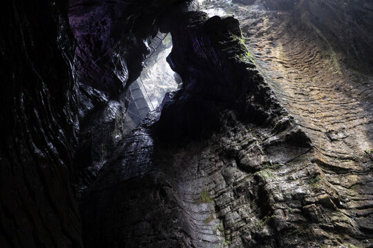 Cascate Varone gorge view from below with natural light and dramatic rock formations in underground cave parco grotta Italy