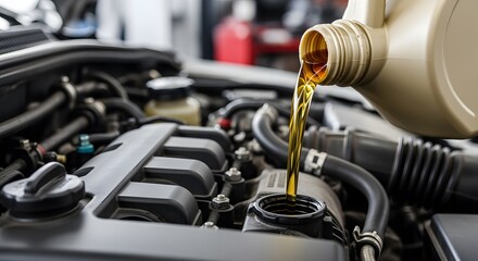 Naklejka premium Pouring motor oil into car engine, automotive maintenance and repair, engine lubrication, vehicle care, close-up view