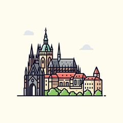 Obraz premium A stylized illustration features a large building with multiple spires, towers, and sections. A row of buildings with red roofs sits below. Clouds are above