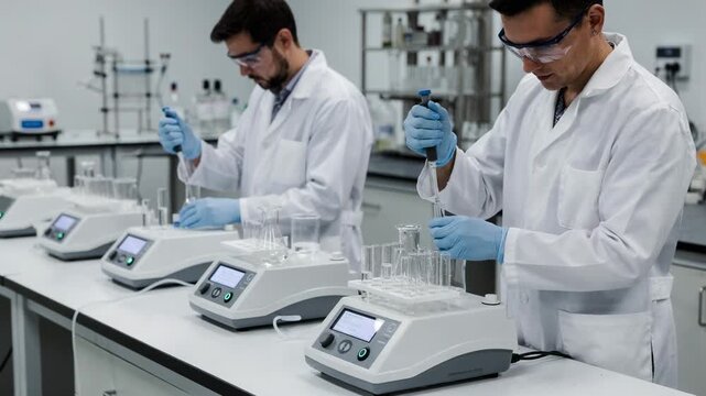 Technicians in a quality testing lab analyze alcohol concentration using benchtop meters ensuring precise measurement and control during production.