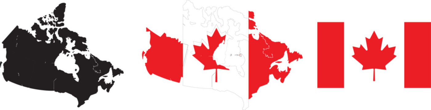 Canada Map Silhouette and Canada Flag Map with National Flag Vector Illustration