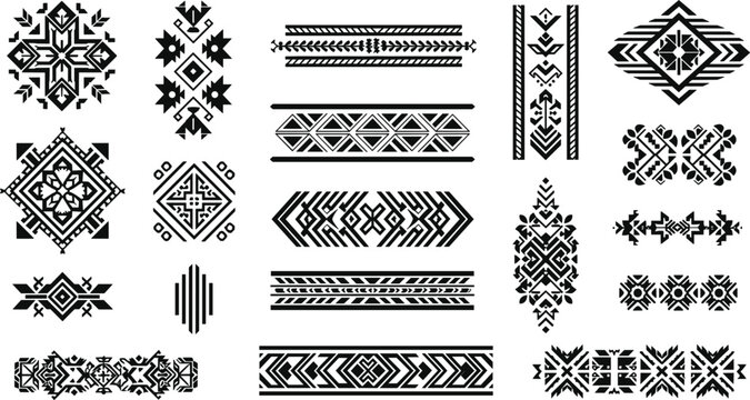Ethnic Geometric Pattern Set with Tribal Ornaments, Decorative Borders, and Abstract Motifs for Textile Design