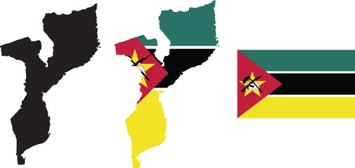 Obraz premium Mozambique Map Silhouette and Mozambique Flag Map with National Flag Vector Illustration